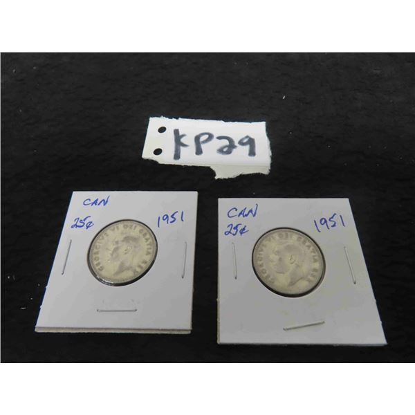 (2) 1951 Canada Silver 25 Cent Coins