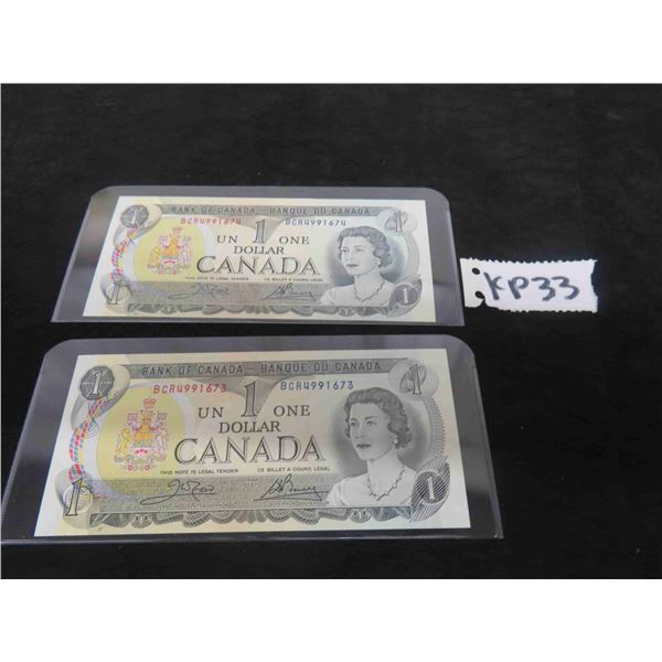 (2) 1973 Canada $1 Bills Uncirculated  & Sequential Serial