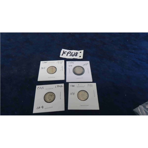 (4) Canada Silver Coins 1938, 1939, 1942, 1950