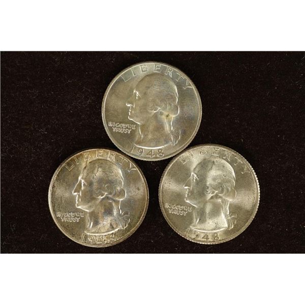 1948-P/D/S WASHINGTON SILVER QUARTERS. UNC