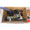 Image 4 : BOX OF ASSORTED TOOLS, LEVELS, RYOBI BATTERY AND CHARGER, BOSTITCH STAPLER