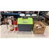 Image 1 : 2 CHARGED FIRE EXTINGUISHERS, COOLER AND BOX WITH HARDWARE AND BUNGEE CORDS