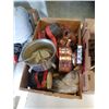 Image 2 : CRATE AND BOX OF VINTAGE IRONS, KETTLES, ETC