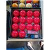 Image 9 : 2 BOXES OF POOL BALLS, POOL CUE RACK,  AND BUNDLE OF POOL CUES