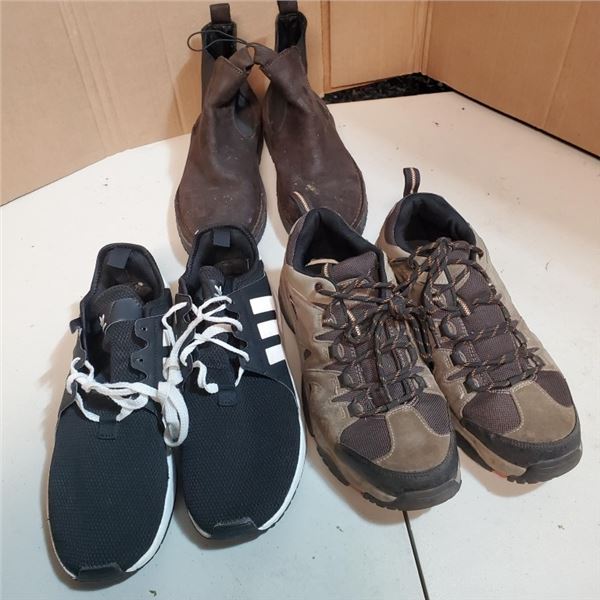 3 PAIRS OF SIZE 11 FOOTWEAR INCLUDING ADIDAS, EDDIE BAUER AND   SELECTED HOMME BOOTS