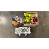 Image 1 : BOX OF DECORATIVE FRUIT, NEW GARDEN FENCING, AND HOME DECOR