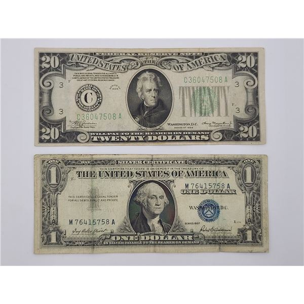 1934 Twenty Dollar Bill 1957 One Dollar Silver Certificate Bosley 1934 Twenty Dollar Bill 1957 One Dollar Silver Certificate Bosley