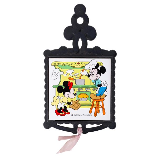 A Mickey and Minnie Mouse Square Tile Trivet.