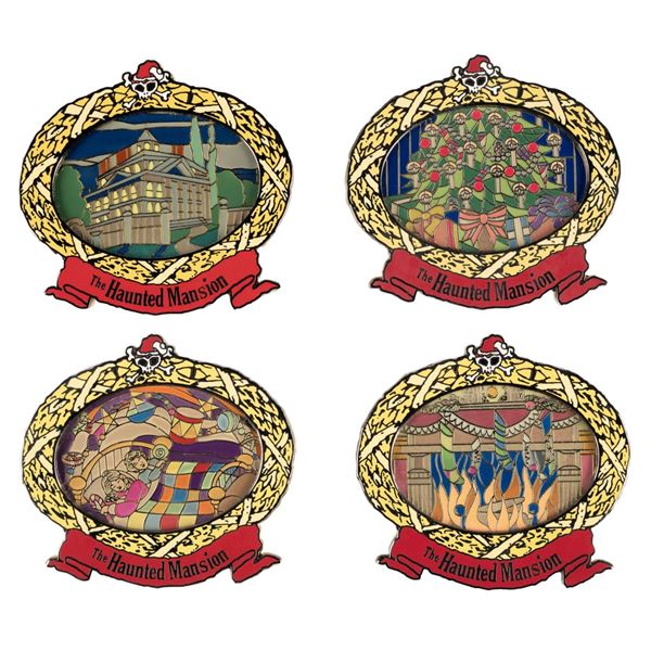 A Haunted Mansion Holiday Stained Glass Jumbo Pin Set.