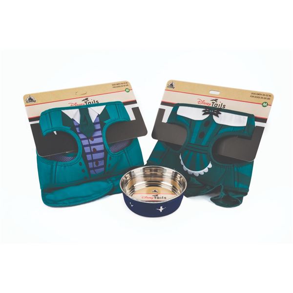 A Pair of Haunted Mansion Dog Harnesses and Pet Bowl.