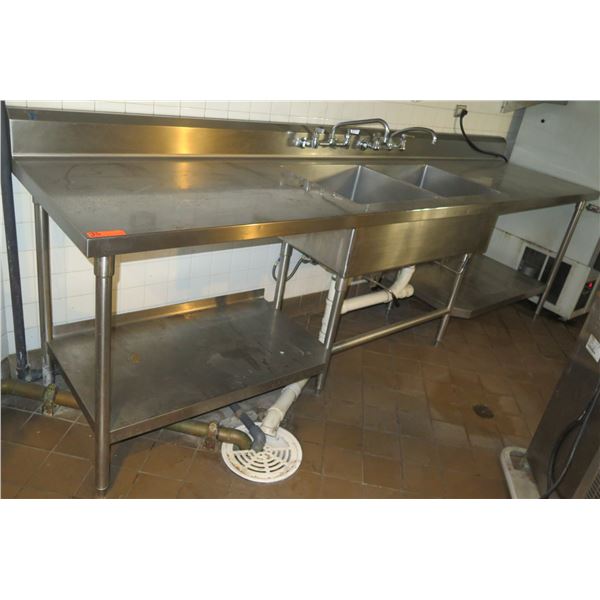 Metal Double Sink w/ Dual Drainboards & Undershelf 120"x30"x36"H