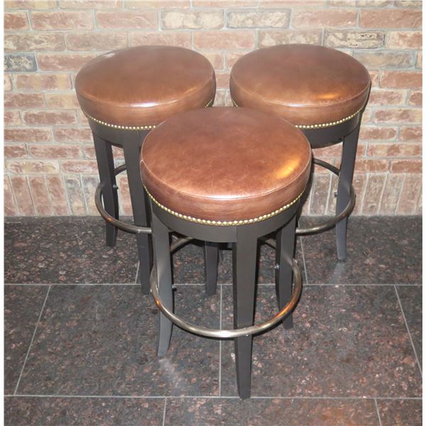 Qty 3 Wooden Upholstered Round Stools 16"dia, 29"H