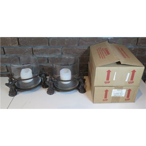 Qty 2 Metal Candle Holders w/ Angel Motif, Glass & 2 Boxes Fireside Ivory Candles