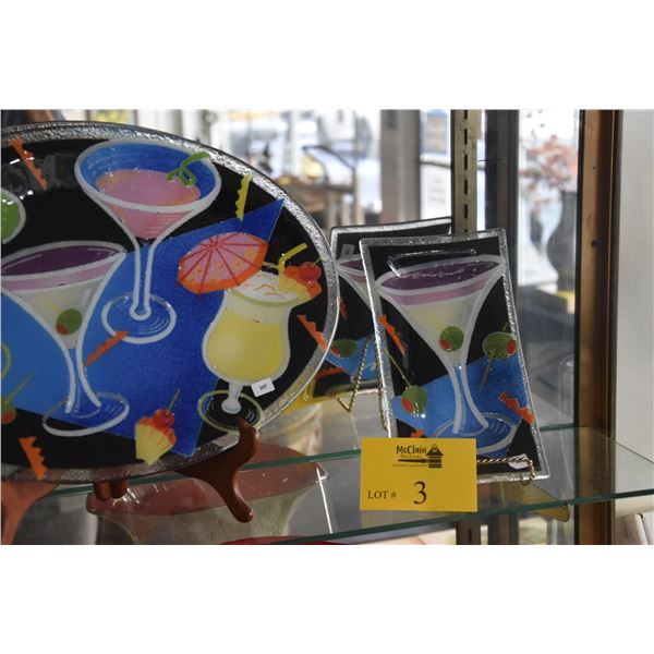 PEGGY KARR FUSED GLASS PLATES W/COCKTAIL MOTIF & ORIGINAL BOXES (2 PCS) (DOES NOT INCLUDE STAND)