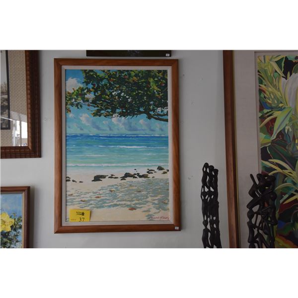 KOA FRAMED ACRYLIC ON BOARD,  BEACH SCENE ; SIGNED RUSSELL LOWERY (26 1/4  X 36 1/4 )