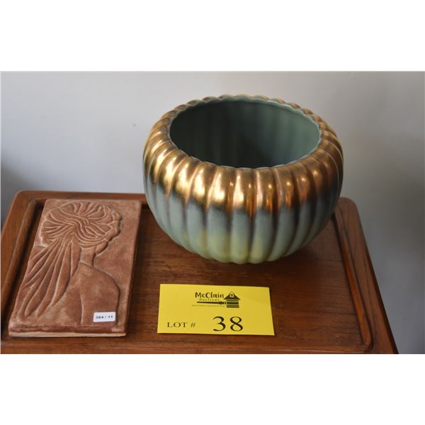 GREEN & GOLD BAUER CERAMIC BOWL & CERAMIC WALL PLAQUE (2 PCS)