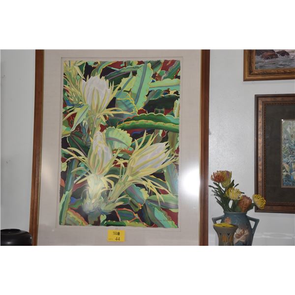 KOA FRAMED WATERCOLOR,  NIGHT BLOOMING CEREUS ; SIGNED FABIENNE BLANC (44 1/4  X 56 1/4 )