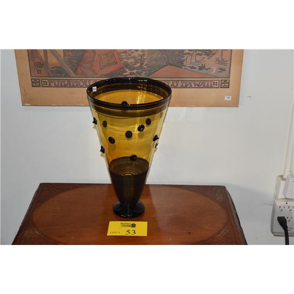 14 1/4  AMBER W/BLACK DETAILS ART GLASS VASE; SIGNED RICK MILLS 1986