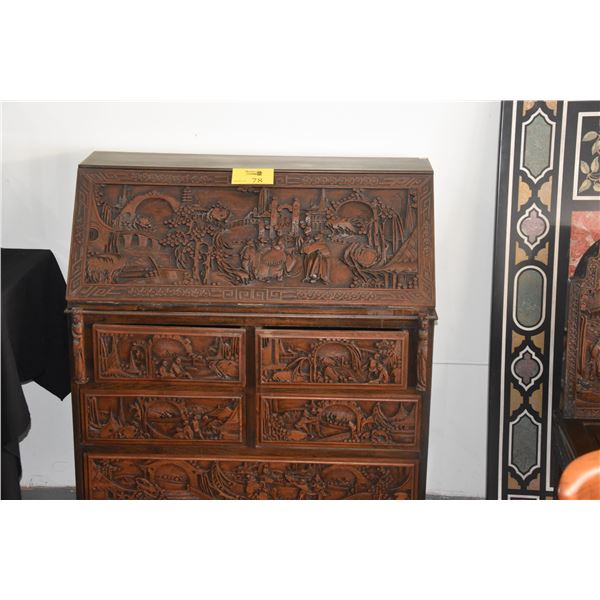 HIGHLY CARVED CHINESE DROP FRONT DESK W/5 DRAWERS