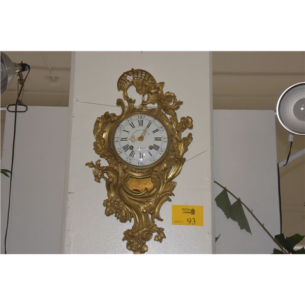 FRENCH BRONZE GILT WALL CLOCK, JOSEPHE DELAAN-A PARIS (13" X 23")