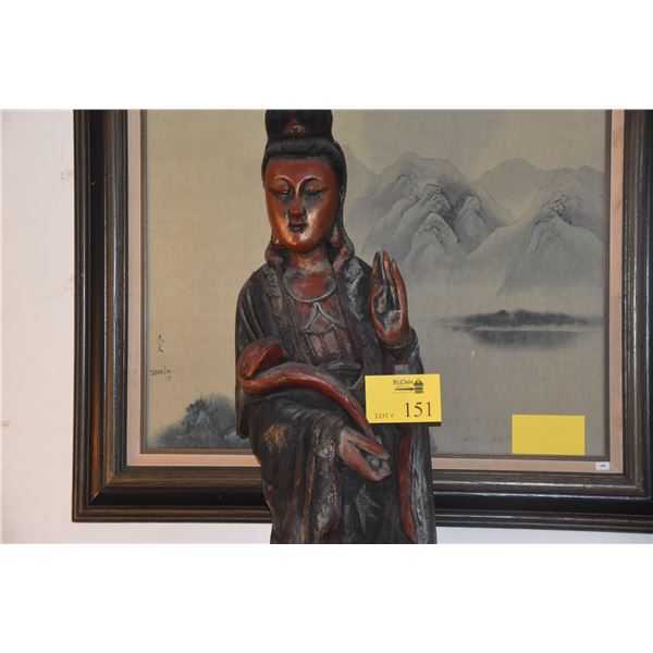 48" CHINESE POLYCHROME CARVED WOOD GUANYIN