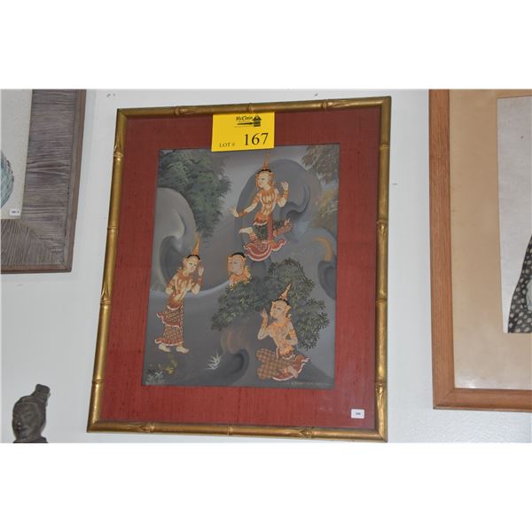 FRAMED THAI POLYCHROME PAINTING OF RAMA FIGURES (18" X 21 1/2")