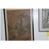 Image 2 : FRAMED JAPANESE SCROLL PAINTING, TEMPLE FIGURES W/INCENSE (19" X 37 1/2")