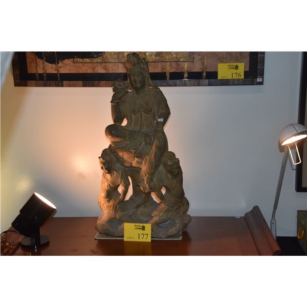 3 DIMENSIONAL CHINESE STONE CARVING OF KWAN YIN IN "ROYAL REPOSE" (15" X 28" X 6")