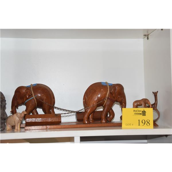 CARVED WOOD ELEPHANTS, NAPKIN RINGS, STONE ELEPHANT & WOOD MASK (6 PCS)