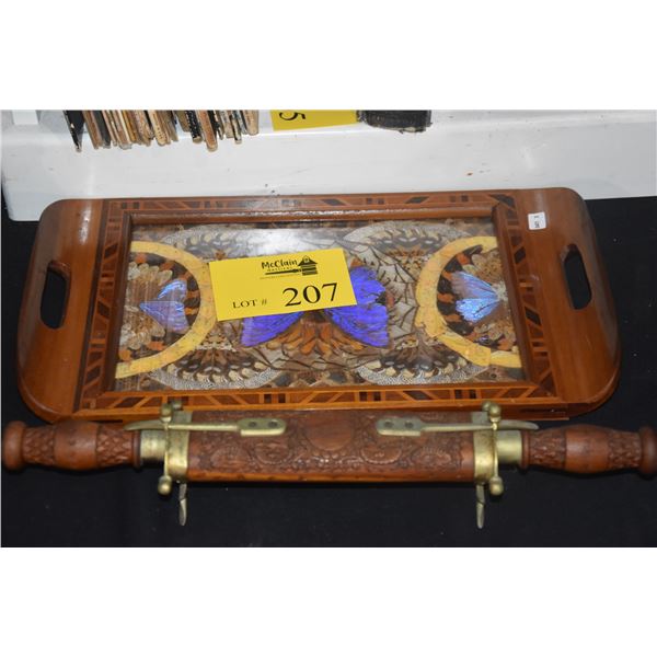 INLAID WOOD TRAY W/BUTTERFLY WING MOTIF & CARVED WOOD SHEATH KNIFE & FORK SET W/BRASS FEET (2 PCS)