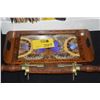 Image 1 : INLAID WOOD TRAY W/BUTTERFLY WING MOTIF & CARVED WOOD SHEATH KNIFE & FORK SET W/BRASS FEET (2 PCS)