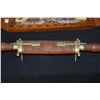 Image 3 : INLAID WOOD TRAY W/BUTTERFLY WING MOTIF & CARVED WOOD SHEATH KNIFE & FORK SET W/BRASS FEET (2 PCS)