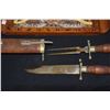 Image 4 : INLAID WOOD TRAY W/BUTTERFLY WING MOTIF & CARVED WOOD SHEATH KNIFE & FORK SET W/BRASS FEET (2 PCS)