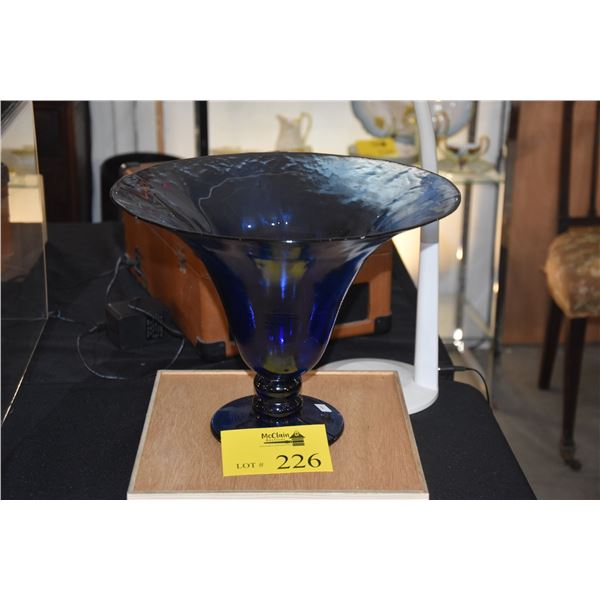 BLUE GLASS PEDESTAL VASE (10  X 13 )