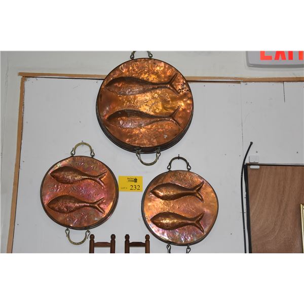 VINTAGE COPPER PANS W/FISH MOTIF (16  & 12 ) (3 PCS)