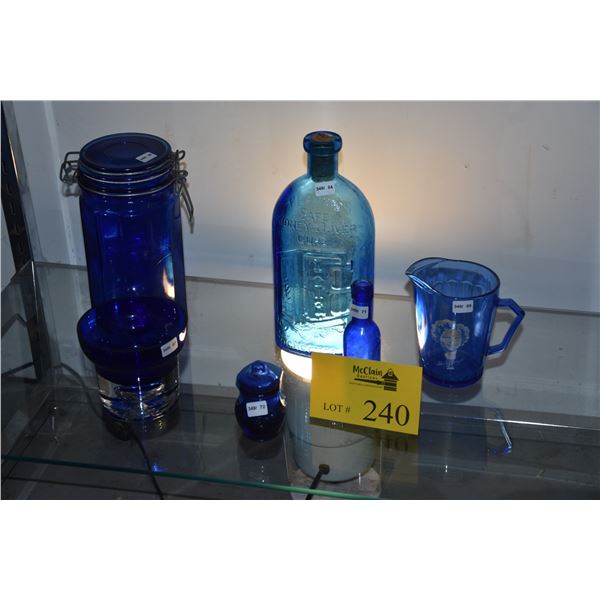 COLLECTION OF BLUE GLASS JARS, BOTTLE, VASES, CREAMER & BOWL (6 PCS)