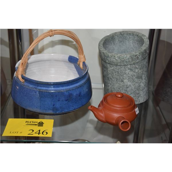 JEFF CHANG CERAMIC BASKET, MARBLE ICE BUCKET & CERAMIC TEA POT (3 PCS)