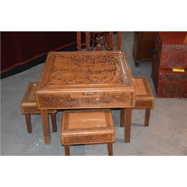 CARVED CHINESE FOLDING GAME TABLE W/4 FOLDING STOOLS (5 PCS)