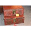 Image 1 : ANTIQUE CHINESE RED LEATHER PIG SKIN WEDDING CHESTS (26 1/2" X 17" X 10" & 26 1/2" X 17" X 11") (2 P