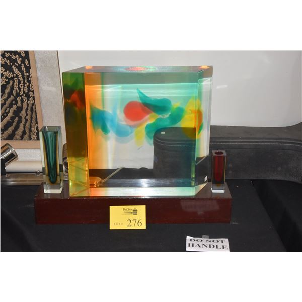 ACRYLIC CUBE ABSTRACT SCULPTURE; SIGNED DENNIS BYNG '78 & 2 CRYSTAL VASES (3 PCS) (DOES NOT INCLUDE 