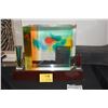 Image 1 : ACRYLIC CUBE ABSTRACT SCULPTURE; SIGNED DENNIS BYNG '78 & 2 CRYSTAL VASES (3 PCS) (DOES NOT INCLUDE 