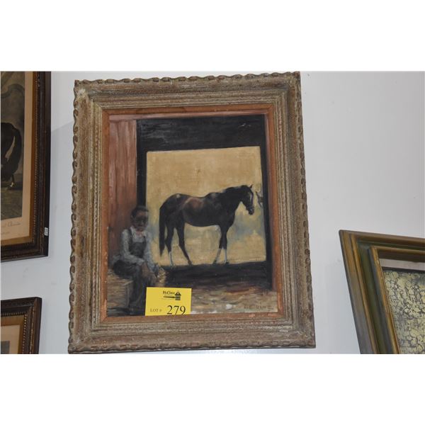 FRAMED OIL PAINTING, MAN & HORSE; SIGNED T. QUINE (21 3/4" X 25 3/4")