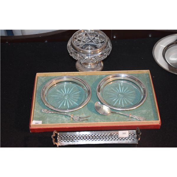 STERLING & GLASS COMPOTE, DISHES, FORK & SPOON & CRACKER TRAY (6 PCS)