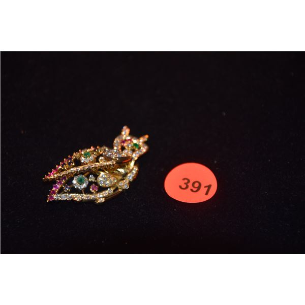 14K SAPPHIRE, DIAMOND & RUBY "EN TREMBLANT" OWL BROOCH (11 GTW)