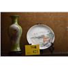 Image 1 : CHINESE PORCELAIN FLORAL BEAKER VASE; SIGNED (10 1/4") & POLYCHROME PLATE, LANDSCAPE MOTIF (8 1/2") 