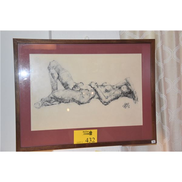 FRAMED CHARCOAL ON PAPER, RECLINING NUDE; SIGNED LAU CHUN 1975 (25  X 19 )