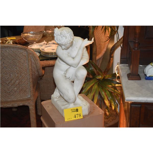 CARVED WHITE MARBLE STATUE, FEMALE NUDE (MISSING FINGERTIPS)