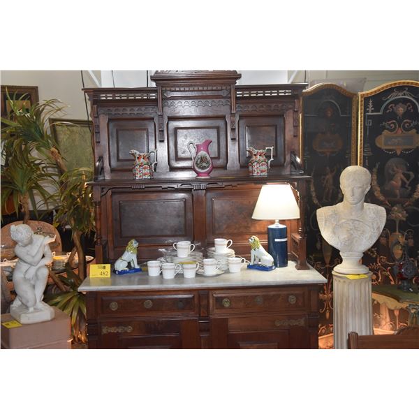 ANTIQUE AMERICAN 19TH CENTURY EASTLAKE STYLE BUFFET SERVER W/MARBLE TOP, THE UPPER SECTION W/TALL SH