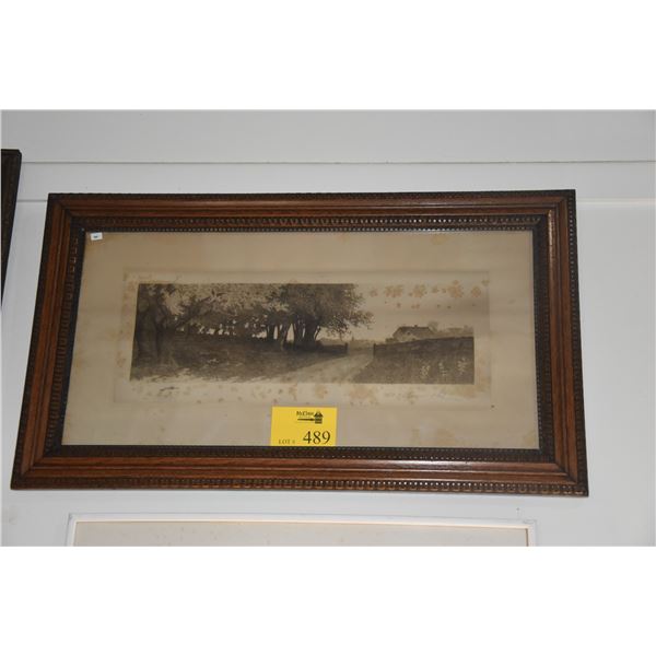 FRAMED ENGRAVING, LANDSCAPE; SIGNED (ERNEST CHRISTIAN ROST 1867-1940) (35 1/2  X 20 )