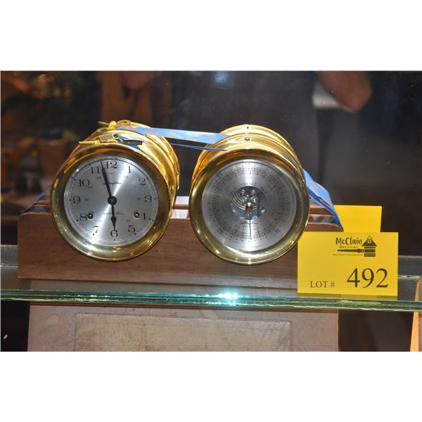 BELLS CHIMING BRASS SHIP'S CLOCK & BAROMETER BY AIR GUIDE (14" X 15")